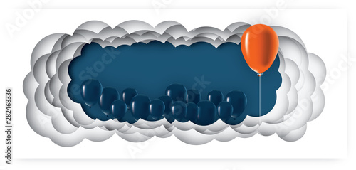 Stand out from the crowd and different concept , One orange balloon flying away from other white balloons .