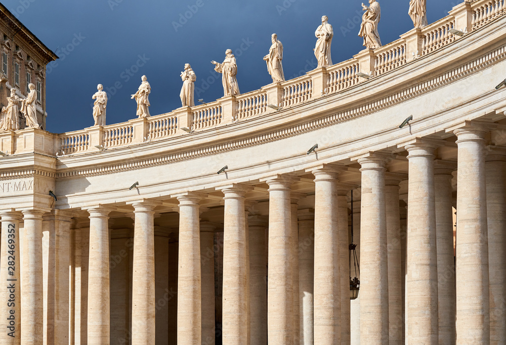 Saint Peter's Square details, columns and sculptures in Vatican