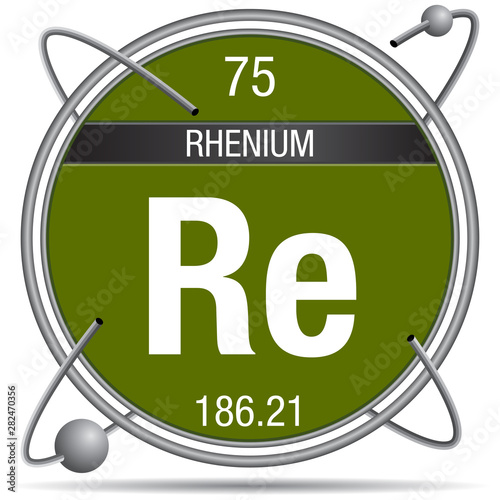 Rhenium symbol  inside a metal ring with colored background and spheres orbiting around. Element number 75 of the Periodic Table of the Elements - Chemistry