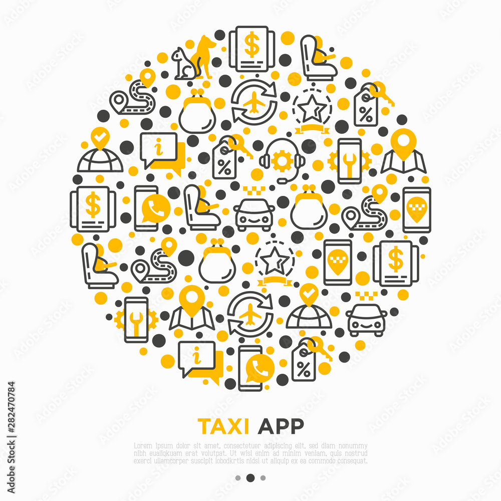 Taxi app concept in circle thin line icons: payment method, promocode, app settings, info, support service, phone number, location, pointer, route, destination, airport transfer, Vector illustration Taxi app concept in circle thin line icons: payment method, promocode, app settings, info, support service, phone number, location, pointer, route, destination, airport transfer, Vector illustration
