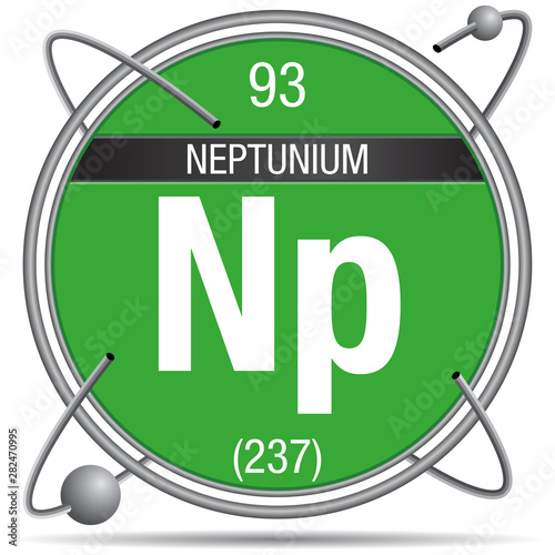 Neptunium symbol inside a metal ring with colored background and spheres orbiting around. Element number 93 of the Periodic Table of the Elements - Chemistry