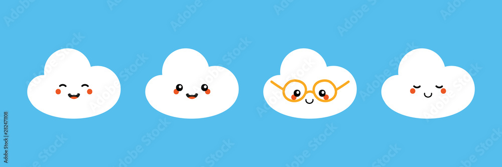 Set, collection of happy, smiling, joyful cartoon style cloud characters for summer, weather design. Set, collection of happy, smiling, joyful cartoon style cloud characters for summer, weather design.