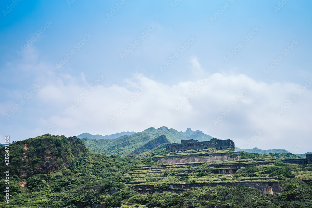 Obraz premium 13-Layer Remains (Remains of Copper Refinery) Aerial View in Yinyang Sea of Shuinandong, Ruifang District, New Taipei, Taiwan.