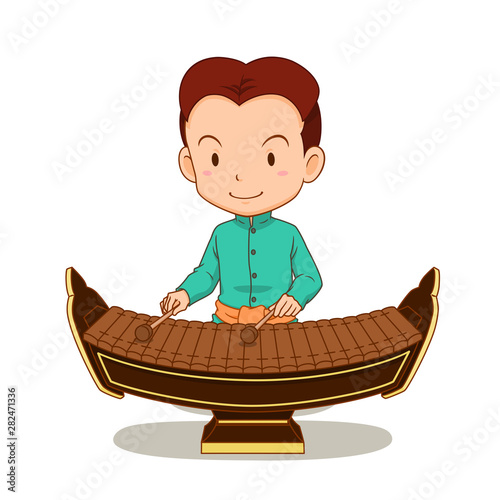 Cartoon character of boy playing Ranad. Thai musical instrument in the percussion family.