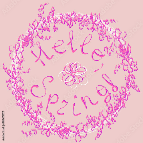 Hello spring greeting card. Hand drawn illustration with wood background effect. Flower wreath and lettering. © MichiruKayo