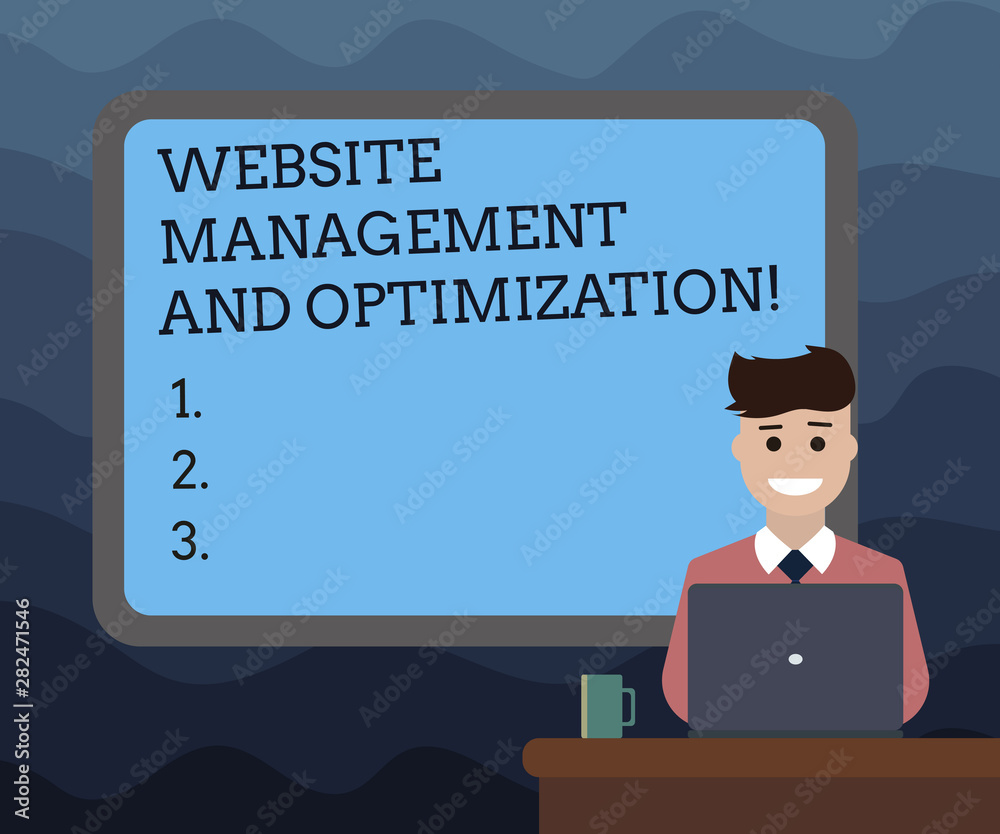 Writing note showing Website Management And Optimization. Business photo showcasing SEO optimizing online contents Bordered Board behind Man Sitting Smiling with Laptop Mug on Desk Writing note showing Website Management And Optimization. Business photo showcasing SEO optimizing online contents Bordered Board behind Man Sitting Smiling with Laptop Mug on Desk