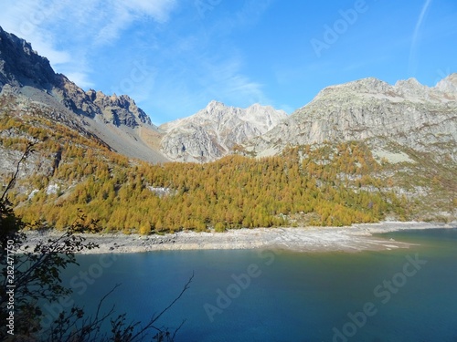 A classic alpine lake immersed in the Nature of the Natural Park  Alpe Veglia and Devero   among the Italian Alps  near the town of Domodossola - October 2018.