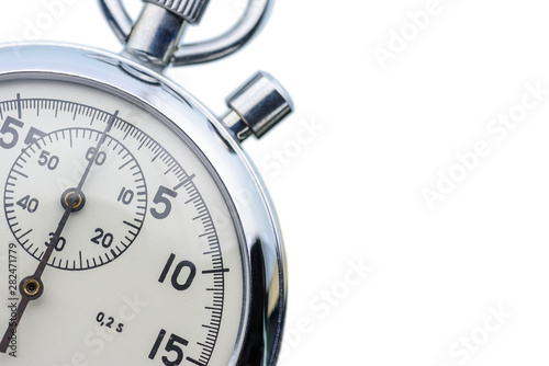 Soviet Russian USSR mechanical 2-button stopwatch, isolated on white background. Stopwatch designed to measure time in minutes, seconds and fractions of a second, used in sport competition and timing