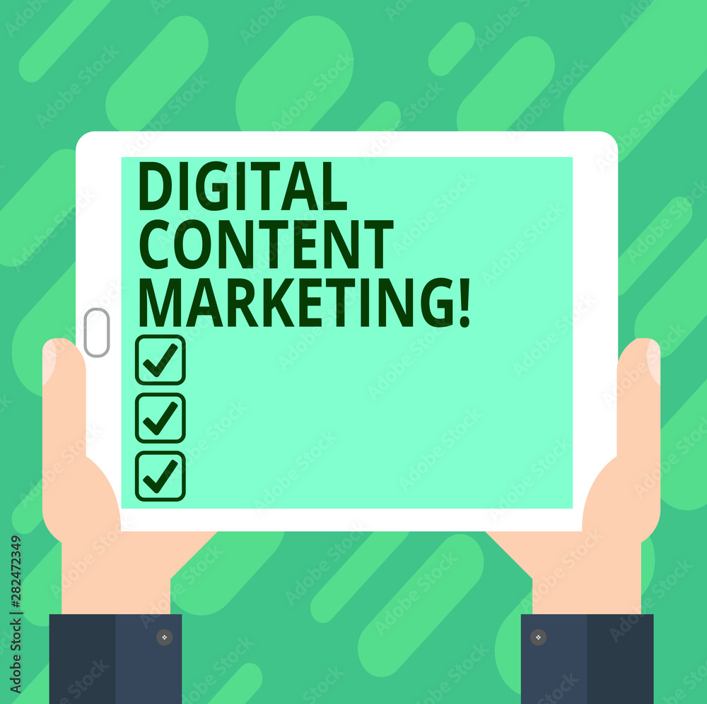 Conceptual hand writing showing Digital Content Marketing. Business photo text distributing content to a targeted audience online Hu analysis Hand Holding Tablet Smartphone Display Unit photo Conceptual hand writing showing Digital Content Marketing. Business photo text distributing content to a targeted audience online Hu analysis Hand Holding Tablet Smartphone Display Unit photo