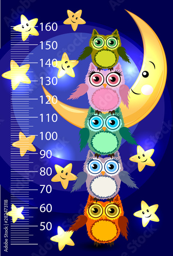 Kids height meter with cute owls. Funny stadiometer from 50 to 150 centimeter.