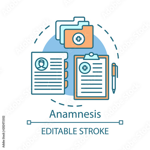 Patient anamnesis concept icon. Clinical service idea thin line illustration. Therapy. Case history, tests, medical recipes. Healthcare database. Vector isolated outline drawing. Editable stroke