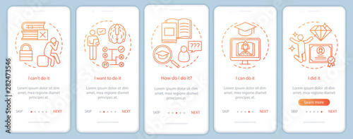 Education motivation onboarding mobile app page screen with linear concepts. Way to success. Careerist, yuppie, workaholic. Steps graphic instructions. UX, UI, GUI vector template with illustrations