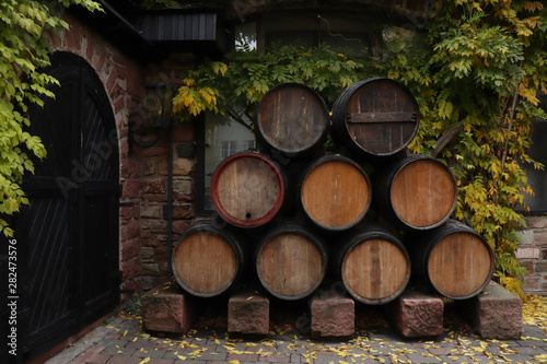 Barrels outside a door in Rudesheim-Bing  Germany