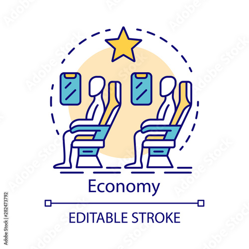 Economy class concept icon. Airplane cabin idea thin line illustration. Passengers sitting at plane salon. Flight in economy low cost class. Vector isolated outline drawing. Editable stroke