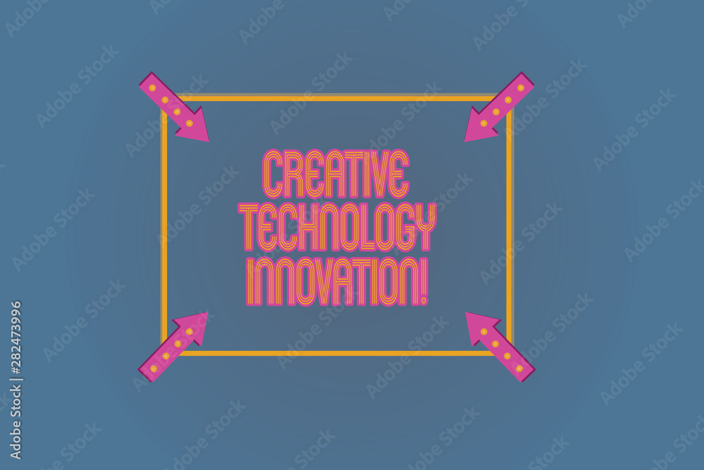 Fototapeta premium Conceptual hand writing showing Creative Technology Innovation. Business photo text unleashing the mind to conceive new ideas Square Outline with Corner Arrows Pointing on Color Background
