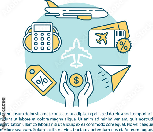 Cheap flight article page vector template. Airline last minute tickets. Brochure, magazine, booklet design element with linear icons and text boxes. Print design. Concept illustrations with text space