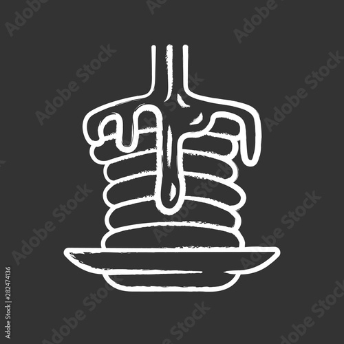 Pancakes with syrup chalk icon. Traditional american breakfast. Homemade dessert. Sweet tasty pancake stack with honey. Restaurant menu. Hot cakes on plate Isolated vector chalkboard illustration