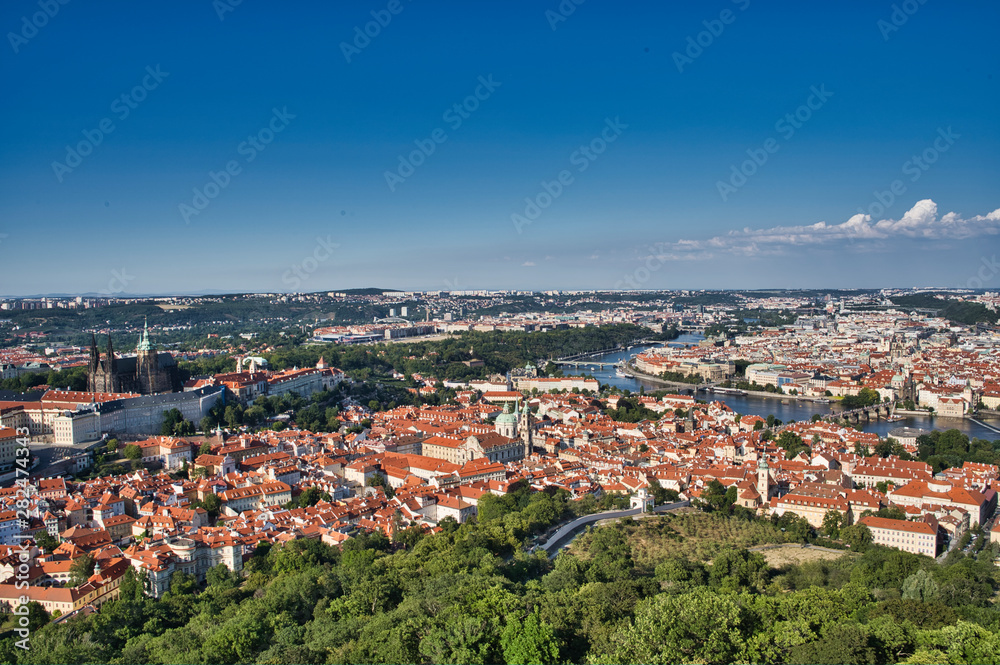 Skyline aerial view of Prague old town and red trees. Prague, Czech republic