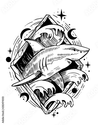 Hand drawn illustration with shark, waves, stars. Great for printing on t-shirts, for tattoos sketches. Vector with transparent background.