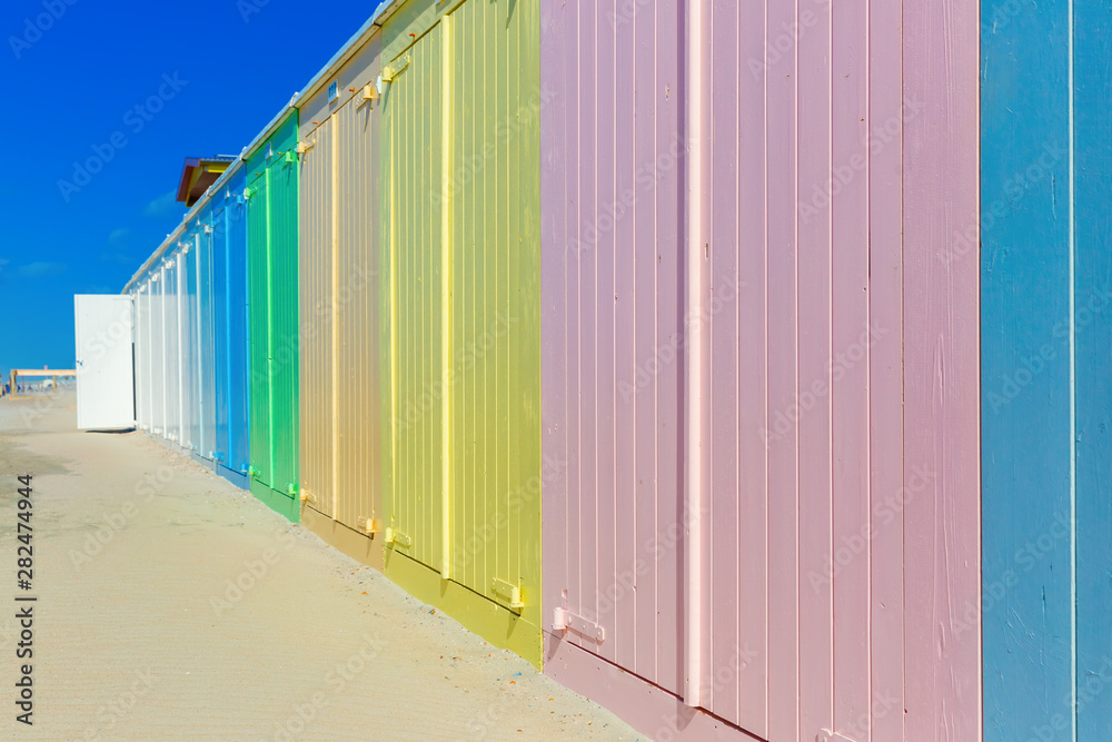 colorful beach huts at the beach of Domburg, Netherlands
