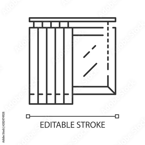 Vertical blinds linear icon. Office and house window covering. Home interior design. Window treatments. Thin line illustration. Contour symbol. Vector isolated outline drawing. Editable stroke