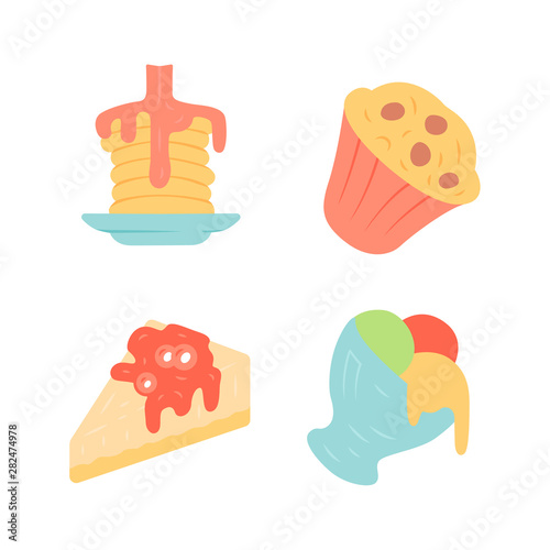 Desserts flat design long shadow color icons set. Pancakes, muffin, cheesecake, ice cream. Bakery shop, confectionery. Plombir, gelato. Sweet food, confections dishes. Vector silhouette illustrations