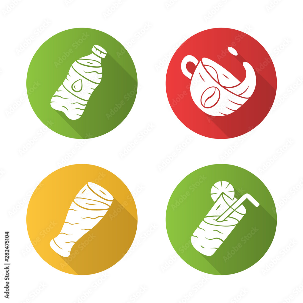 Refreshment drinks flat design long shadow glyph icons set. Mineral water, beer, coffee, lemonade. Sparkling beverages. Bar menu. Hot steaming coffee mug. Vector silhouette illustration