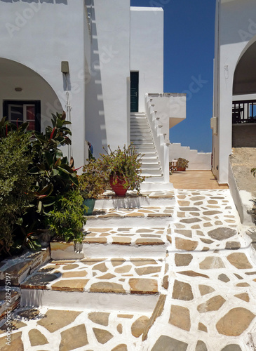 Typical Greek paving and apartments, Agios Prokopios, Naxos, Greek Islands