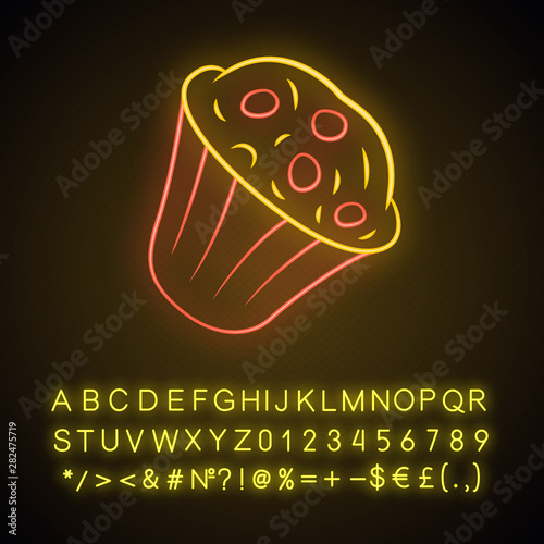 Muffin neon light icon. Cupcake with chocolate chips, berries, topping. Sweet shop, confectionery, pastry, bakery menu. Glowing sign with alphabet, numbers and symbols. Vector isolated illustration