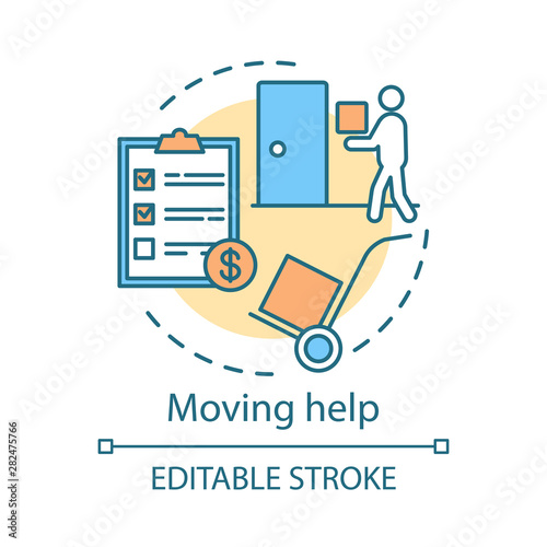 Moving help concept icon. Home service idea thin line illustration. Packing and unpacking boxes. Loading items, furniture into truck. Heavy lifting. Vector isolated outline drawing. Editable stroke