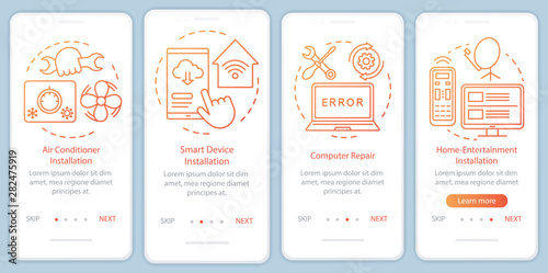 Home services for electronic devices onboarding mobile app page screen with linear concepts. Smart device installation. Four steps graphic instructions. UX, UI, GUI vector template, illustrations