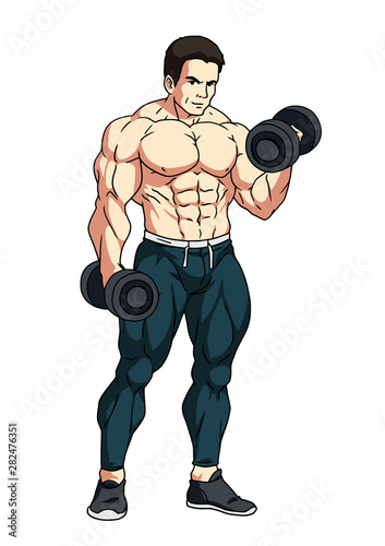 strong bodybuilder workout with dumbbells