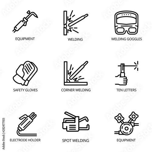 Welding tools icon set. Outline set of 9 welding tools vector icons for web design isolated on white background
