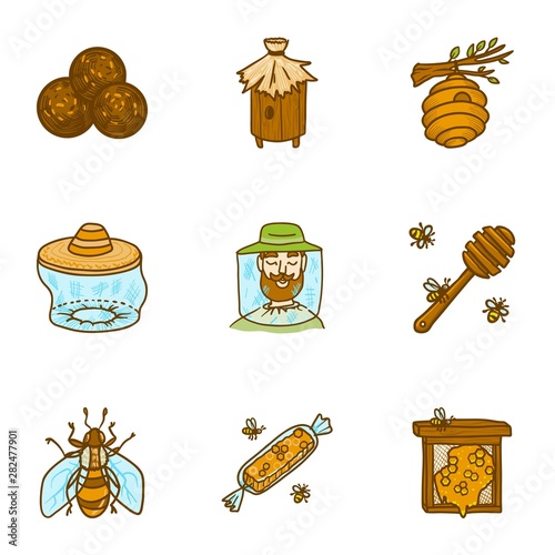 Apiary icon set. Hand drawn set of 9 apiary vector icons for web design isolated on white background