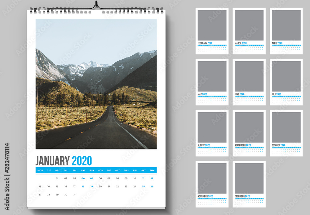 Wall Calendar Layout with Blue Accents Stock Template | Adobe Stock