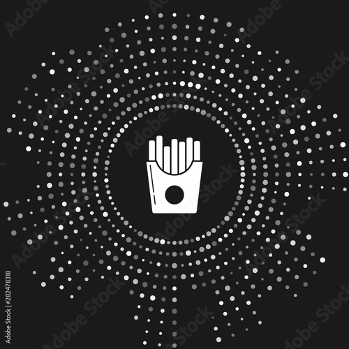 White Potatoes french fries in carton package box icon isolated on grey background. Fast food menu. Abstract circle random dots. Vector Illustration