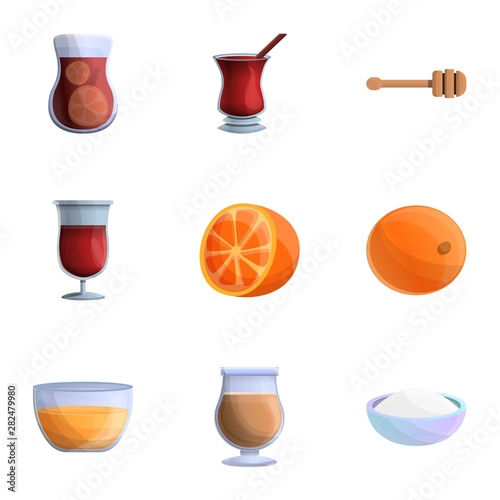 Hot mulled wine icon set. Cartoon set of 9 hot mulled wine vector icons for web design isolated on white background