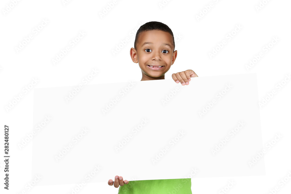 Cute american boy with blank board on white background Cute american boy with blank board on white background