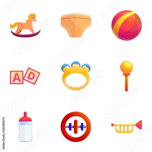 Childhood toys icon set. Cartoon set of 9 childhood toys vector icons for web design isolated on white background