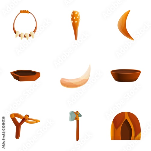 Stone age equipment icon set. Cartoon set of 9 stone age equipment vector icons for web design isolated on white background
