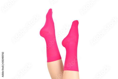 Woman in purple socks isolated on white background. Top view.