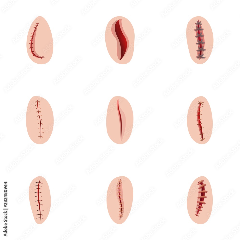 Medical suture icon set. Cartoon set of 9 medical suture vector icons for web design isolated on white background Medical suture icon set. Cartoon set of 9 medical suture vector icons for web design isolated on white background