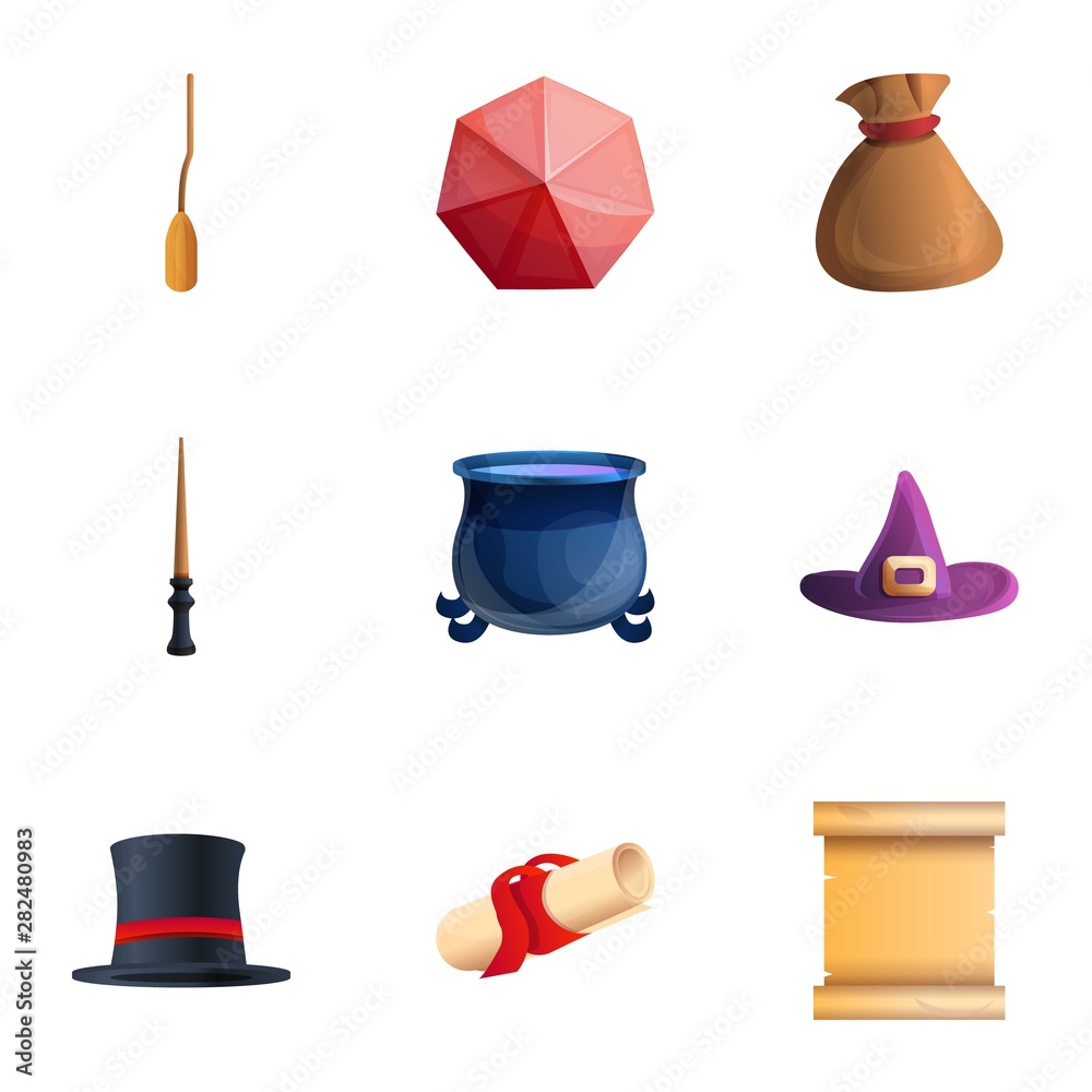 Magician object icon set. Cartoon set of 9 magician object vector icons for web design isolated on white background Magician object icon set. Cartoon set of 9 magician object vector icons for web design isolated on white background