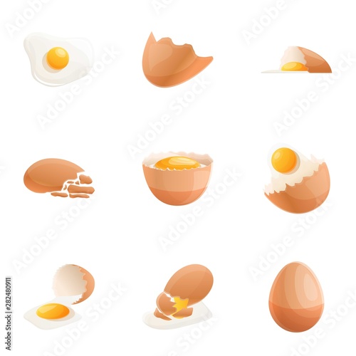 Cracked eggshell icon set. Cartoon set of 9 cracked eggshell vector icons for web design isolated on white background