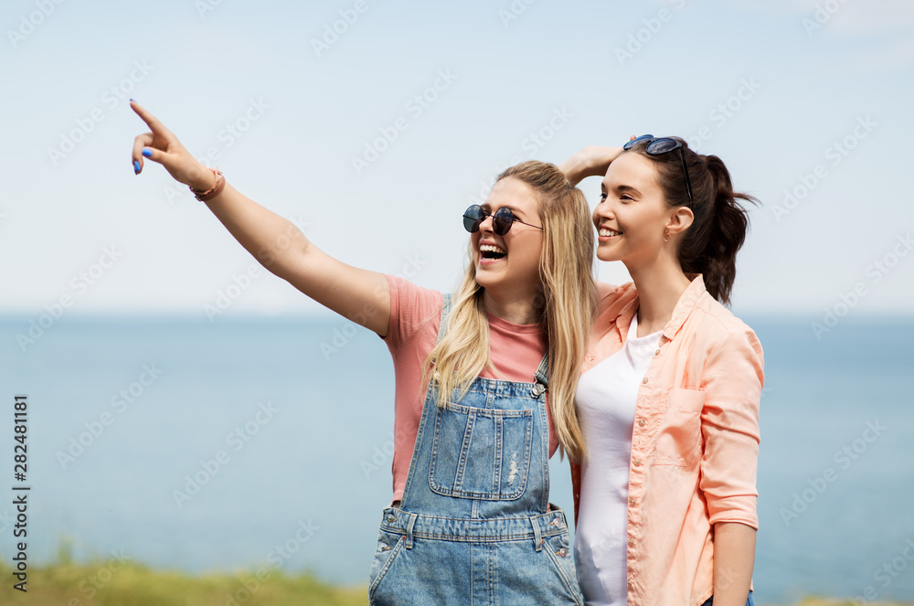 leisure and friendship concept - happy smiling teenage girls or best friends in sunglasses at seaside in summer