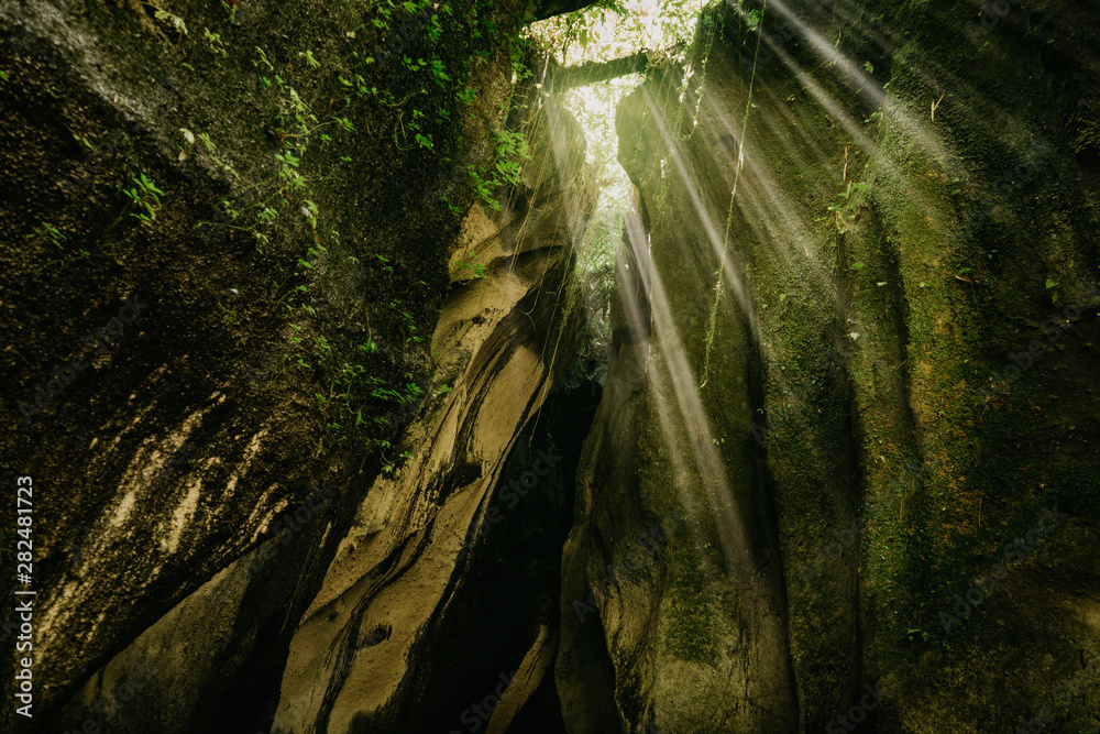 Beautiful sun light rays shining through cave and leaves Beautiful sun light rays shining through cave and leaves