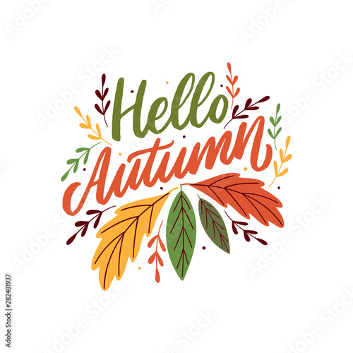 Vector hand drawn lettering happy fall with leafs for print, decor, textile. Welcome autumn banner.