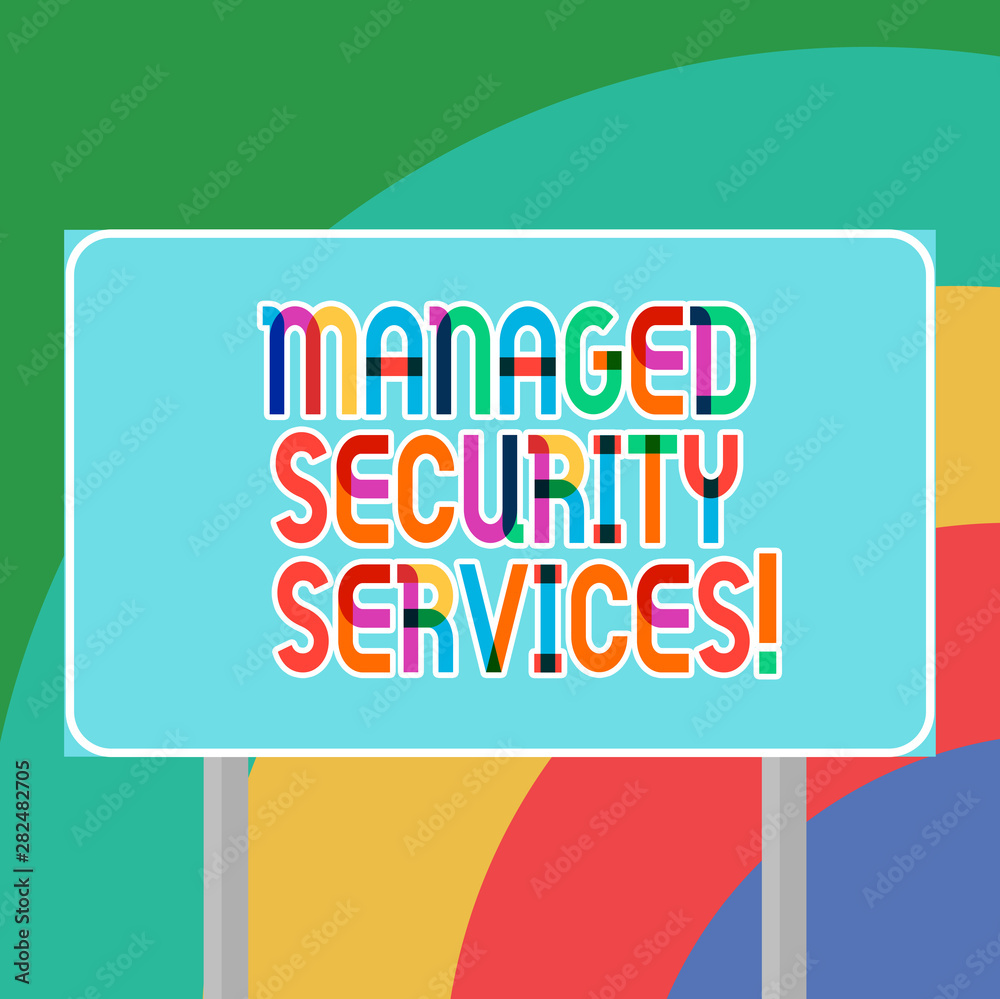 Conceptual hand writing showing Managed Security Services. Business photo showcasing approach in analysisaging clients security needs Blank Outdoor Color Signpost photo with Two leg and Outline