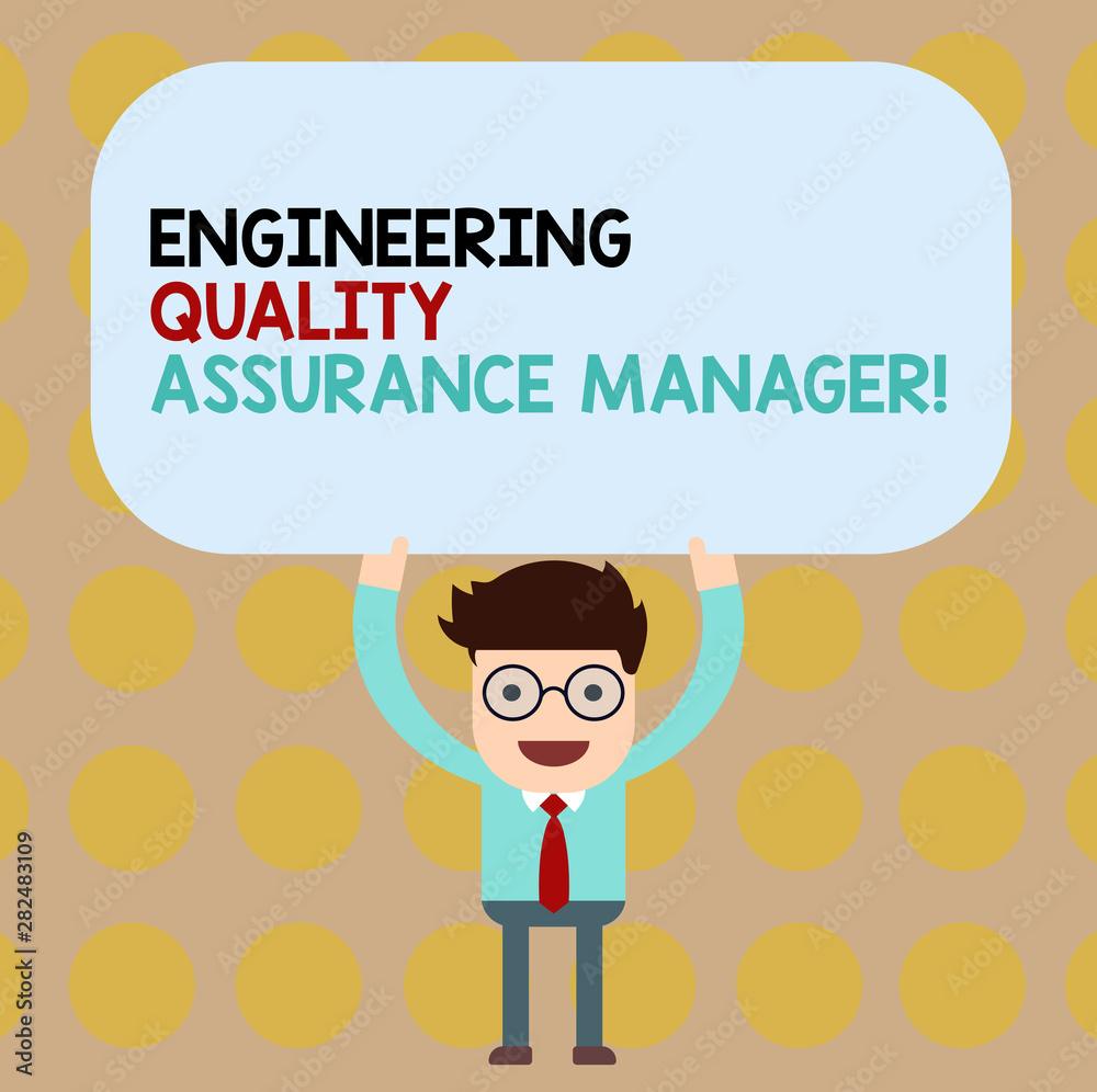 Conceptual hand writing showing Engineering Quality Assurance Manager. Business photo showcasing Evaluation production control Man Holding Above his Head Blank Rectangular Colored Board Conceptual hand writing showing Engineering Quality Assurance Manager. Business photo showcasing Evaluation production control Man Holding Above his Head Blank Rectangular Colored Board