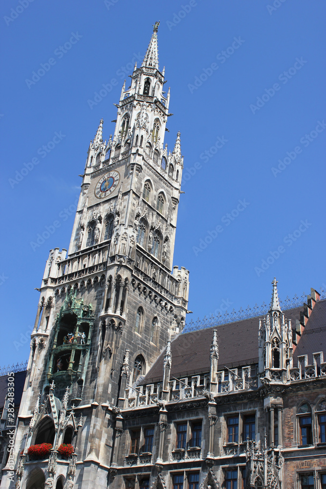 The New Town Hall (German: Neues Rathaus) tower at the northern part of Marienplatz in Munich, Bavaria, Germany